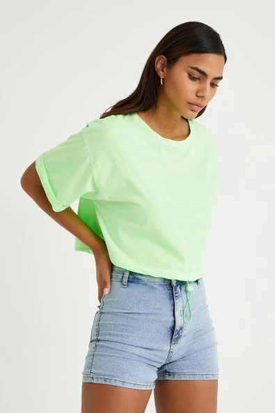 Kadın Neon Yağ Yıkamalı T-shirt Yeşil - Resim 10