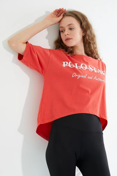 Kadın Baskılı Oversize T-shirt  Oranj - Resim 12