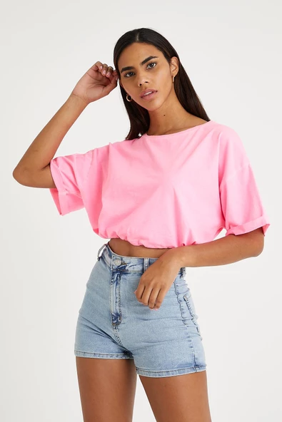 Kadın Neon Yağ Yıkamalı T-shirt Pembe - Resim 10