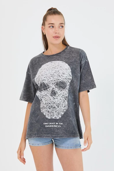 Kadın Parça Boya Baskılı Oversize Basic T-shirt  Antrasit - 6