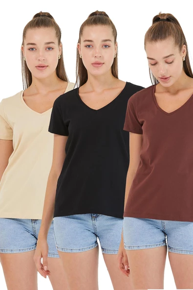 Kadın %100 Pamuk V Yaka 3lü T-shirt Paketi  Çok Renkli - 6