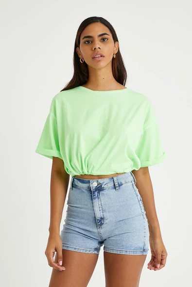 Kadın Neon Yağ Yıkamalı T-shirt Yeşil - Resim 5