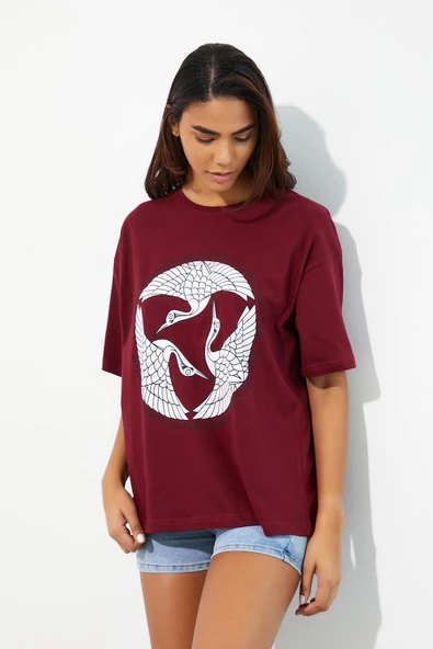 Kadın Baskılı Oversize T-shirt Bordo - Resim 9