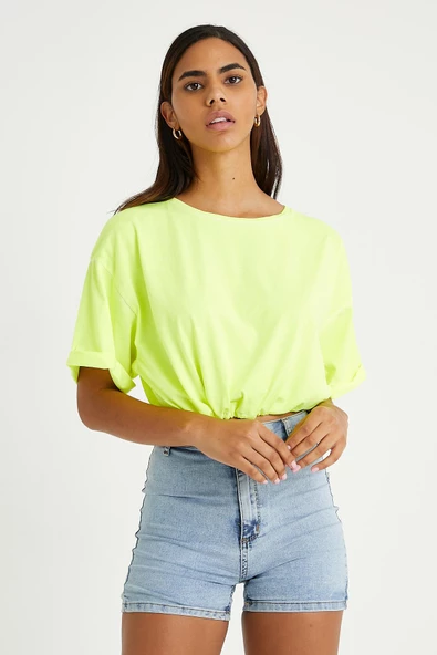 Kadın Neon Yağ Yıkamalı T-shirt Sarı - Resim 7