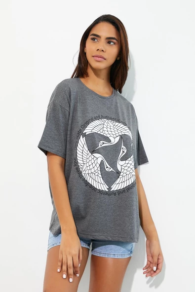 Kadın Baskılı Oversize T-shirt Antrasit - Resim 8