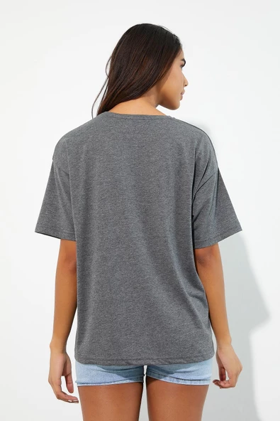 Kadın Baskılı Oversize T-shirt Antrasit - Resim 5