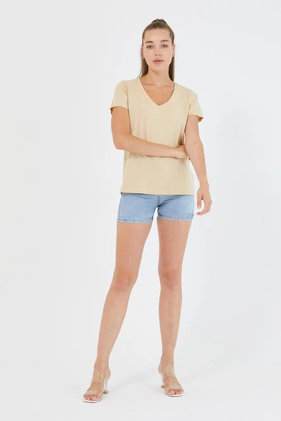 Kadın %100 Pamuk V Yaka Regular Kalıp T-shirt Bej - 5