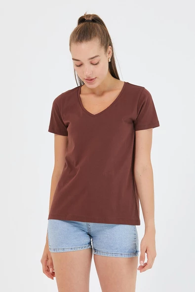 Kadın %100 Pamuk V Yaka Regular Kalıp T-shirt Kahverengi - 5