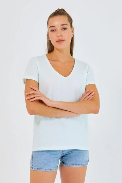 Kadın %100 Pamuk V Yaka 3lü T-shirt Paketi  Su Yeşili - 2