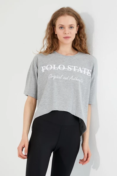 Kadın Baskılı Oversize T-shirt  Gri Melanj - Resim 5