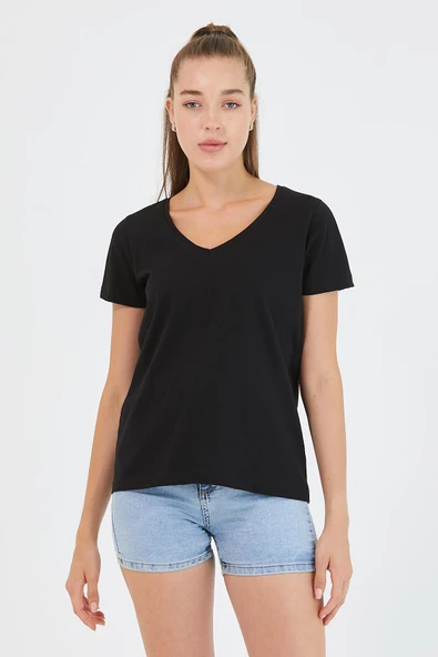 Kadın %100 Pamuk V Yaka 3lü T-shirt Paketi  Çok Renkli - 7