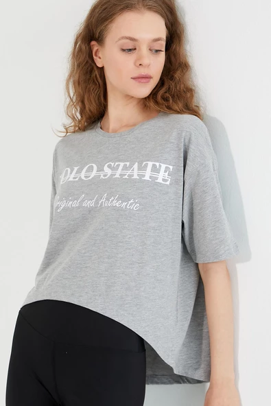 Kadın Baskılı Oversize T-shirt  Gri Melanj - Resim 7