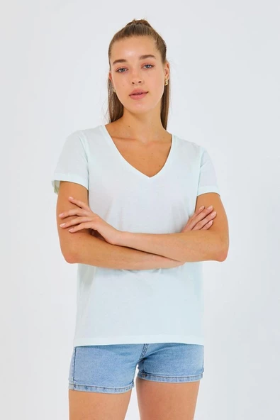 Kadın %100 Pamuk V Yaka 3lü T-shirt Paketi  Su Yeşili - 12