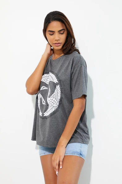 Kadın Baskılı Oversize T-shirt Antrasit - Resim 9