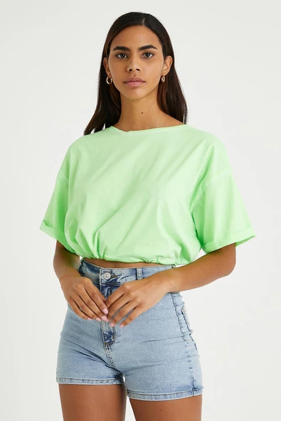 Kadın Neon Yağ Yıkamalı T-shirt Yeşil - Resim 7