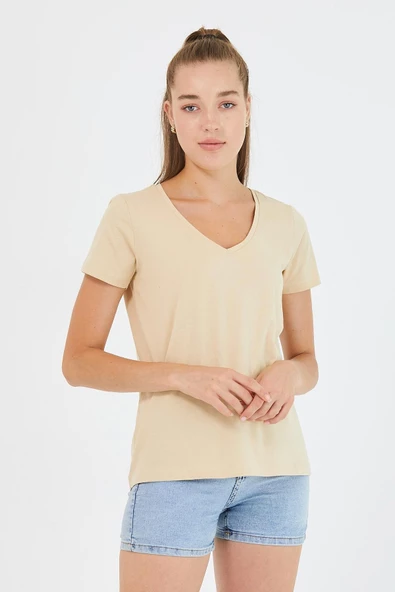 Kadın %100 Pamuk V Yaka 3lü T-shirt Paketi  Çok Renkli - 4