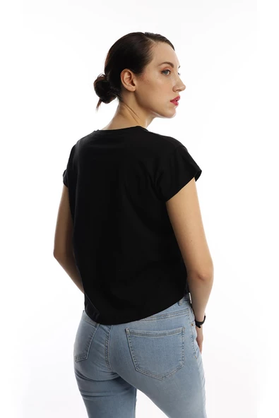 Kadın Nature Yazı Baskılı Crop Tişört Siyah - Resim 3