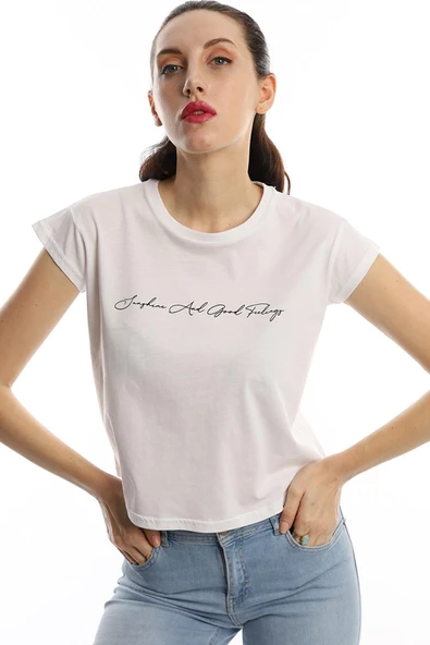 Kadın Bisiklet Yaka Baskılı Crop Tişört Beyaz - Resim 2