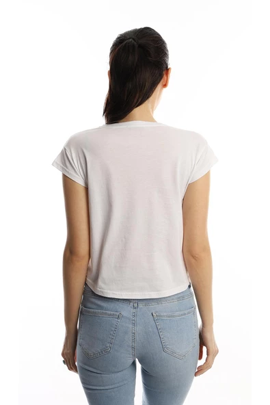 Kadın Bisiklet Yaka Baskılı Crop Tişört Beyaz - Resim 5