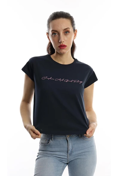 Kadın Bisiklet Yaka Baskılı Crop Tişört Lacivert - Resim 3