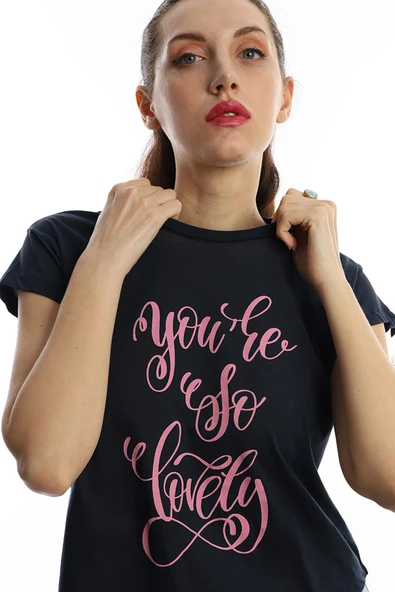 Kadın You Are So Lovely Baskılı Tişört Lacivert - Resim 4
