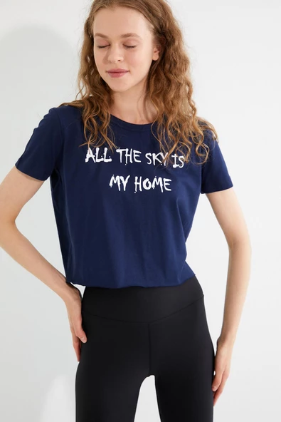 Kadın Baskılı T-shirt Lacivert - Resim 3