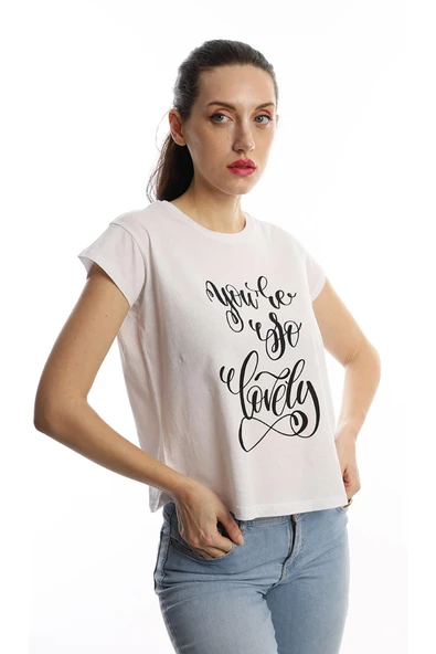 Kadın You Are So Lovely Baskılı Tişört Beyaz - Resim 4
