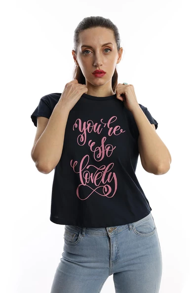 Kadın You Are So Lovely Baskılı Tişört Lacivert - Resim 3
