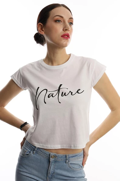 Kadın Nature Yazı Baskılı Crop Tişört Beyaz - 3