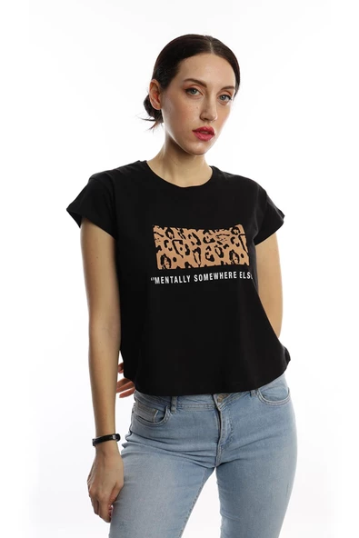 Kadın Pars Desen Baskılı Crop Tişört Siyah - Resim 2