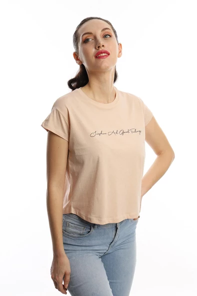 Kadın Bisiklet Yaka Baskılı Crop Tişört Bej - Resim 2