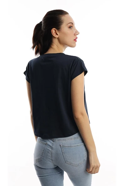 Kadın Bisiklet Yaka Baskılı Crop Tişört Lacivert - Resim 5