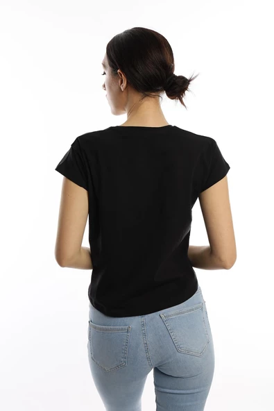 Kadın Pars Desen Baskılı Crop Tişört Siyah - Resim 4