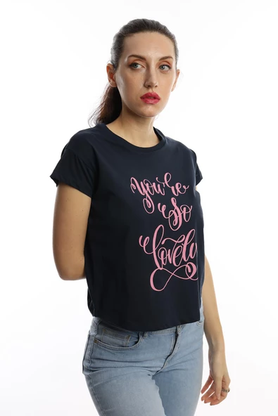 Kadın You Are So Lovely Baskılı Tişört Lacivert - Resim 2