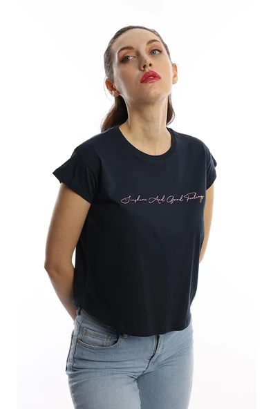 Kadın Bisiklet Yaka Baskılı Crop Tişört Lacivert - Resim 2