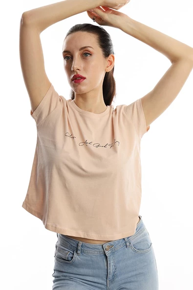 Kadın Bisiklet Yaka Baskılı Crop Tişört Bej - Resim 3