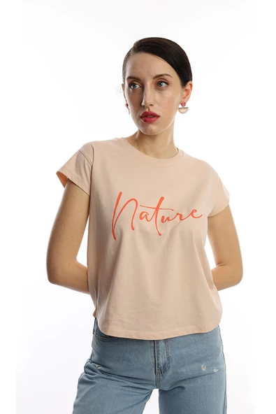 Kadın Nature Yazı Baskılı Crop Tişört Bej - Resim 2
