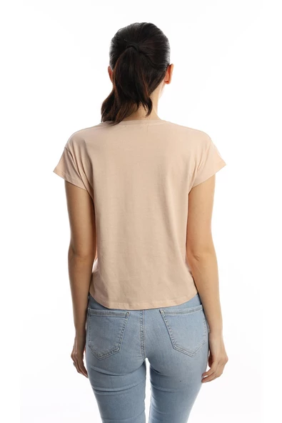 Kadın Bisiklet Yaka Baskılı Crop Tişört Bej - Resim 5