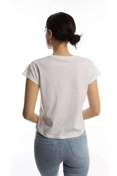 Kadın Pars Desen Baskılı Crop Tişört Beyaz - 3