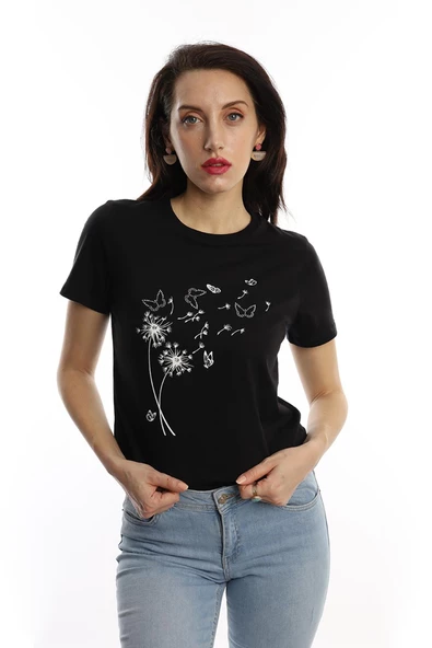 Kadin Bisiklet Yaka Baskılı Basic Tişört Siyah - Resim 2