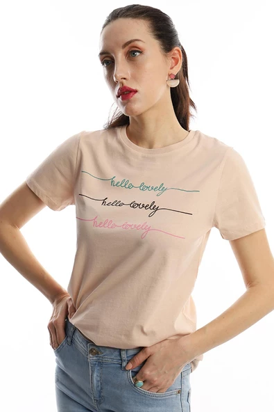 Kadın Hello Lovely Yazı Baskılı Tişört Bej - Resim 2