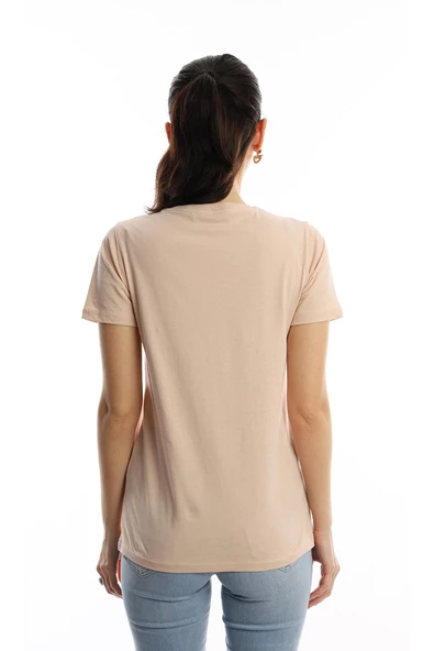 Kadın Hello Lovely Yazı Baskılı Tişört Bej - Resim 4