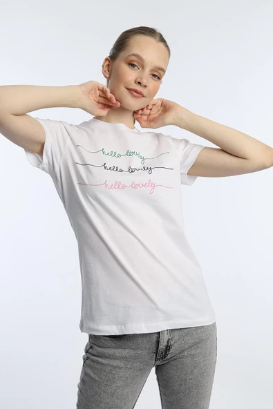 Kadın Hello Lovely Yazı Baskılı Tişört Beyaz - Resim 2
