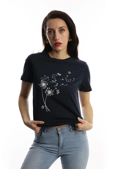 Kadin Bisiklet Yaka Baskılı Basic Tişört Lacivert - Resim 2