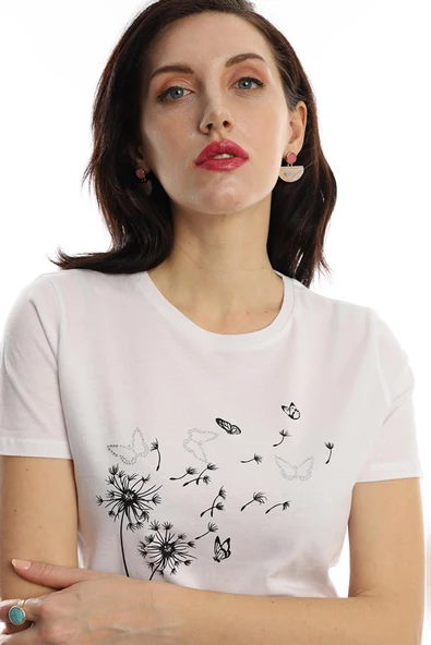 Kadin Bisiklet Yaka Baskılı Basic Tişört Beyaz - Resim 3