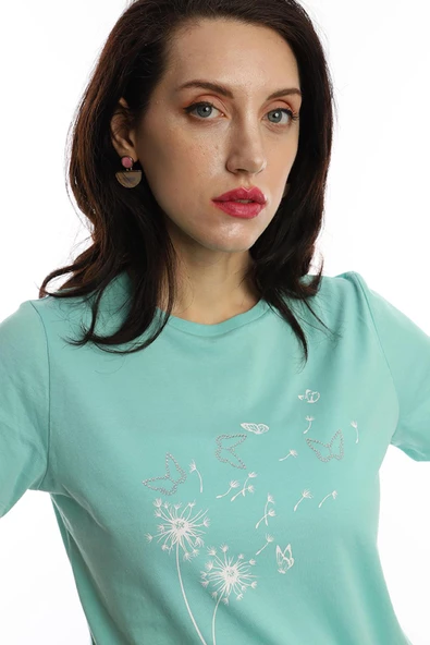 Kadin Bisiklet Yaka Baskılı Basic Tişört Turkuaz - Resim 3