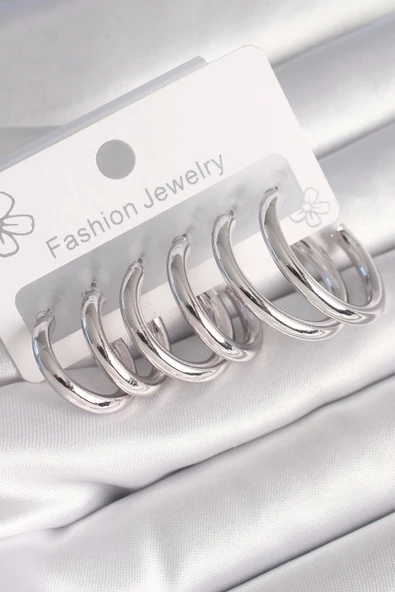 MuI MuI Pirinç Gümüş Renk Halka Model Kadın Küpe Seti ürün görseli 1