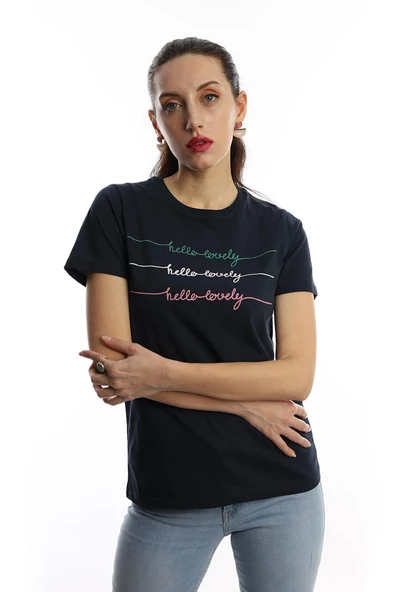 Kadın Hello Lovely Yazı Baskılı Tişört Lacivert - 2