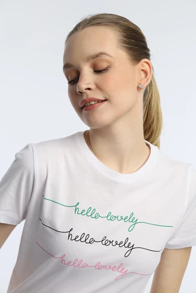Kadın Hello Lovely Yazı Baskılı Tişört Beyaz - Resim 3