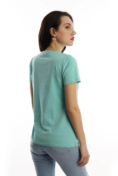 Kadin Bisiklet Yaka Baskılı Basic Tişört Turkuaz - Resim 4